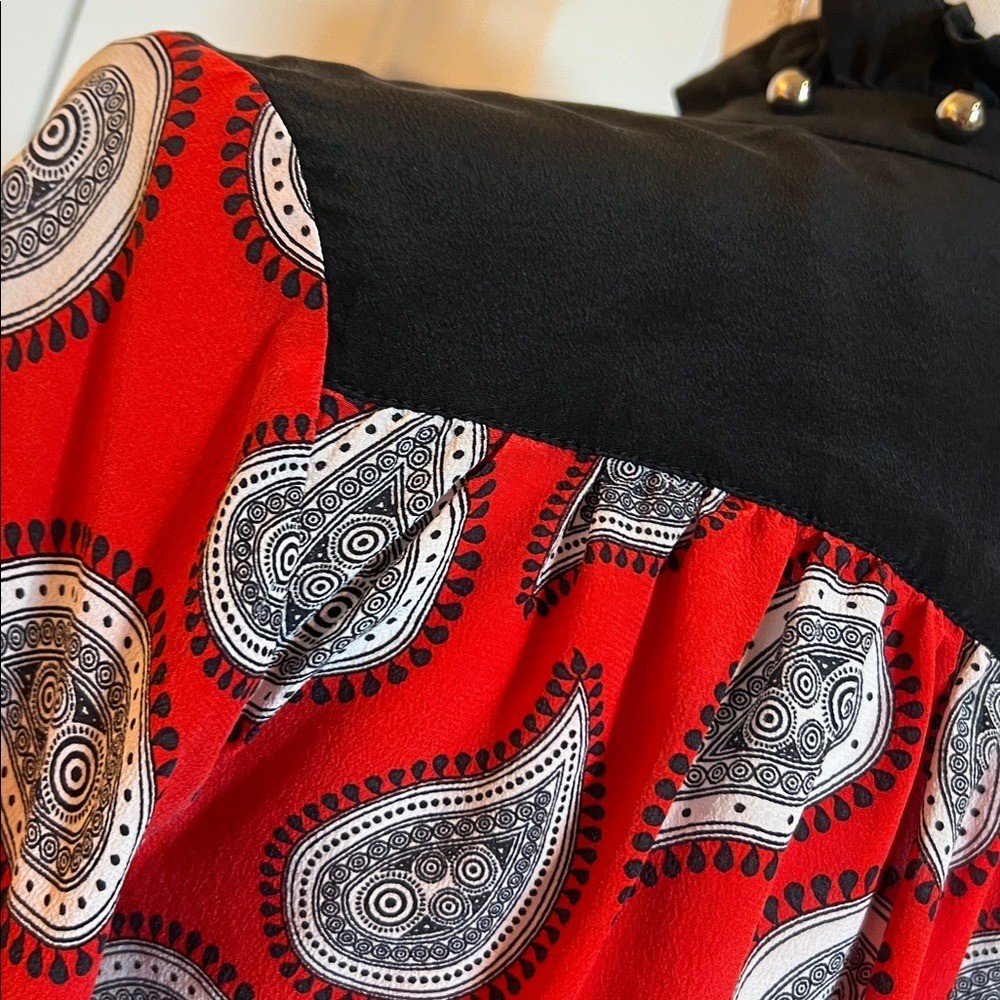 Dodo Bar Or Red Black Paisley Silk Blouse 40 6/8 designer studded ruffle top