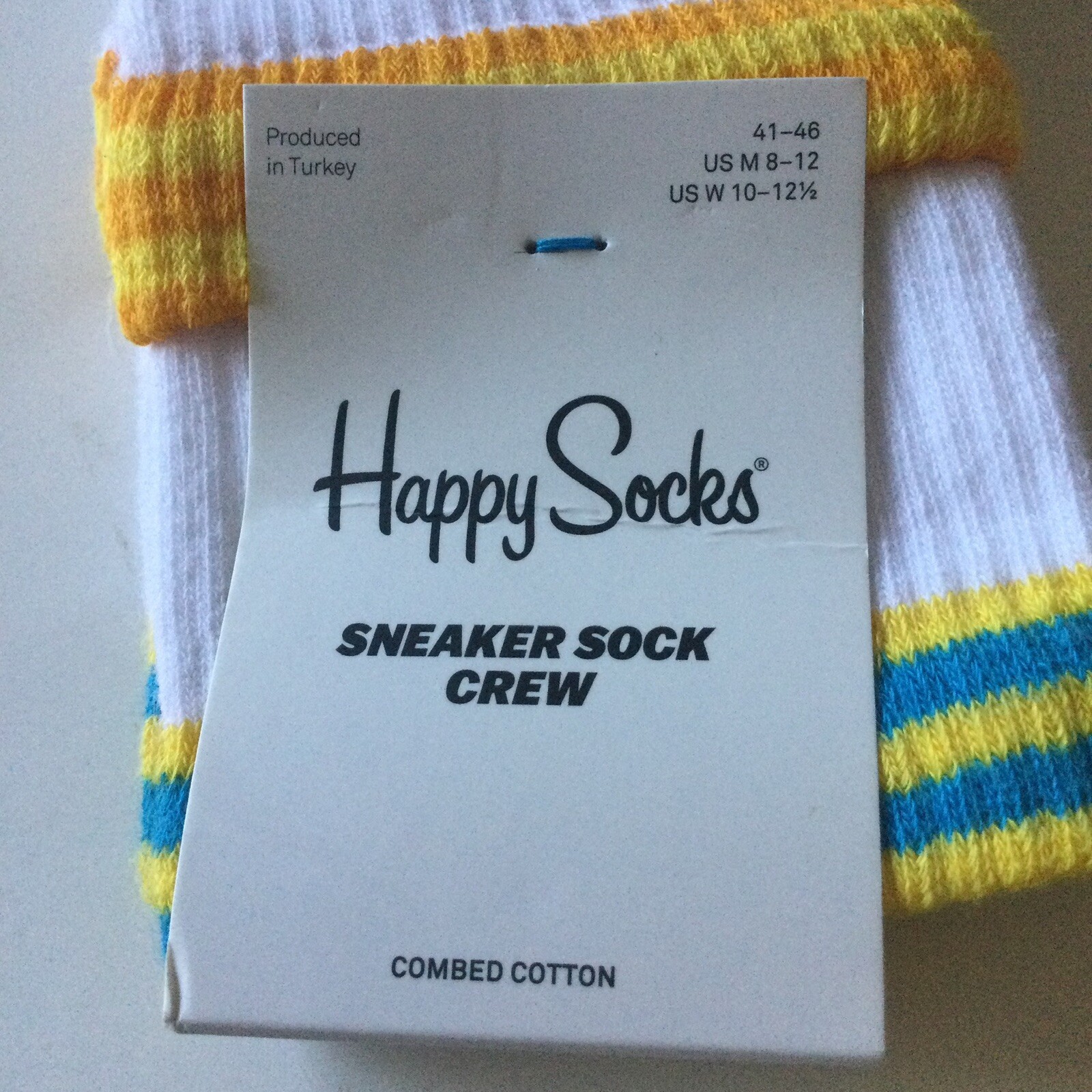 HAPPY SOCKS COLOR CUFF MENS SNEAKER CREW SOCKS WHITE WITH MULTI M/L NWT