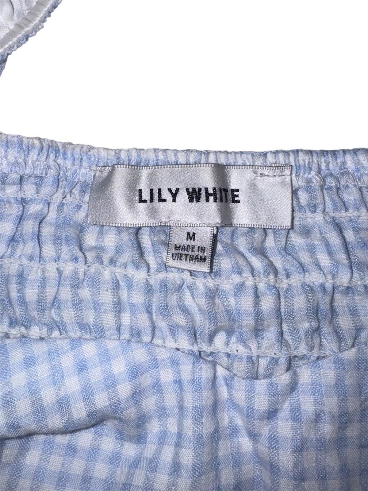 Lily White Women M Milkmaid Puff Sleeve Top Peplum Soft Girl Blue White Gingham