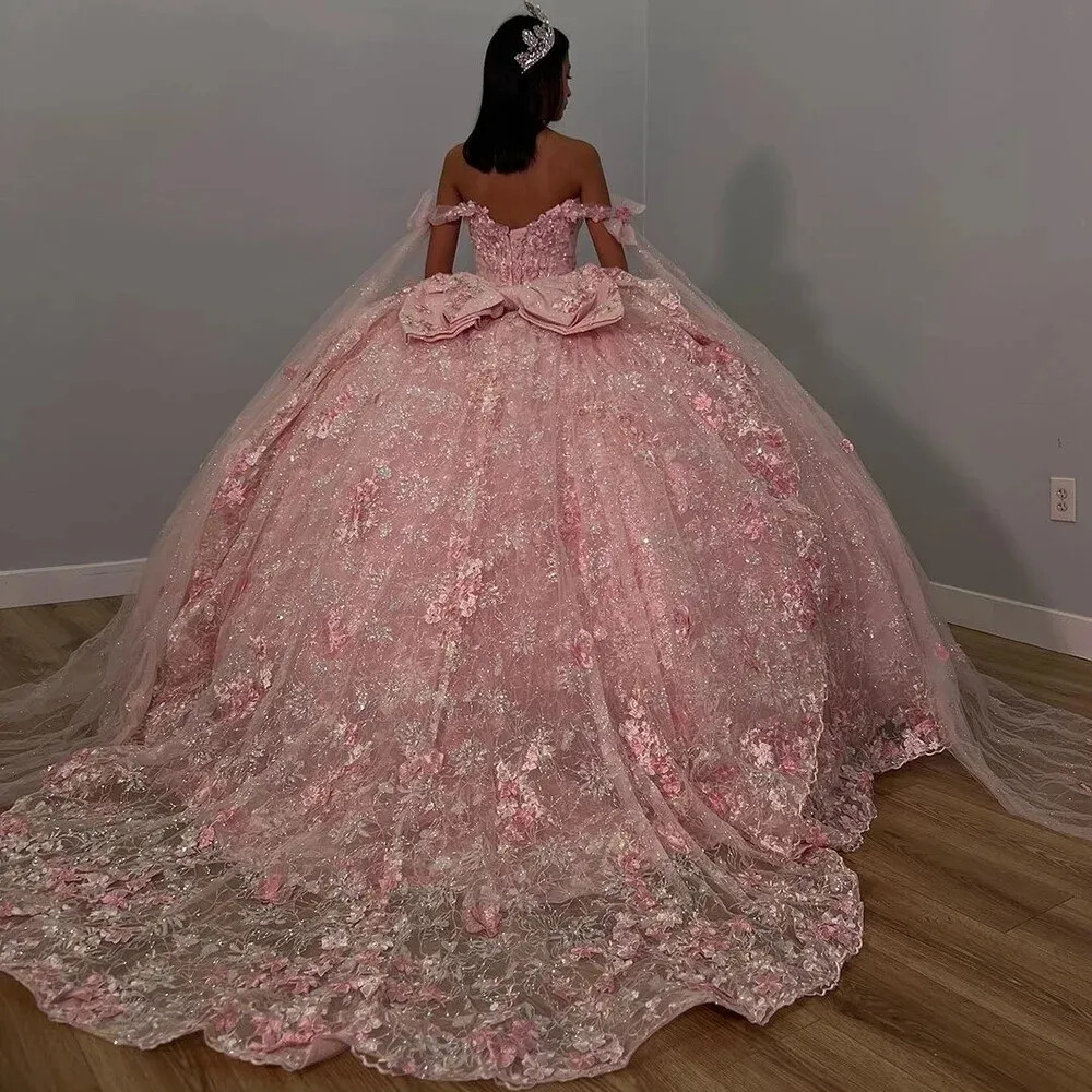 Shimmering Pink Crystal Quinceanera Dresses Ball Gown 3D Flower Beaded Sweet