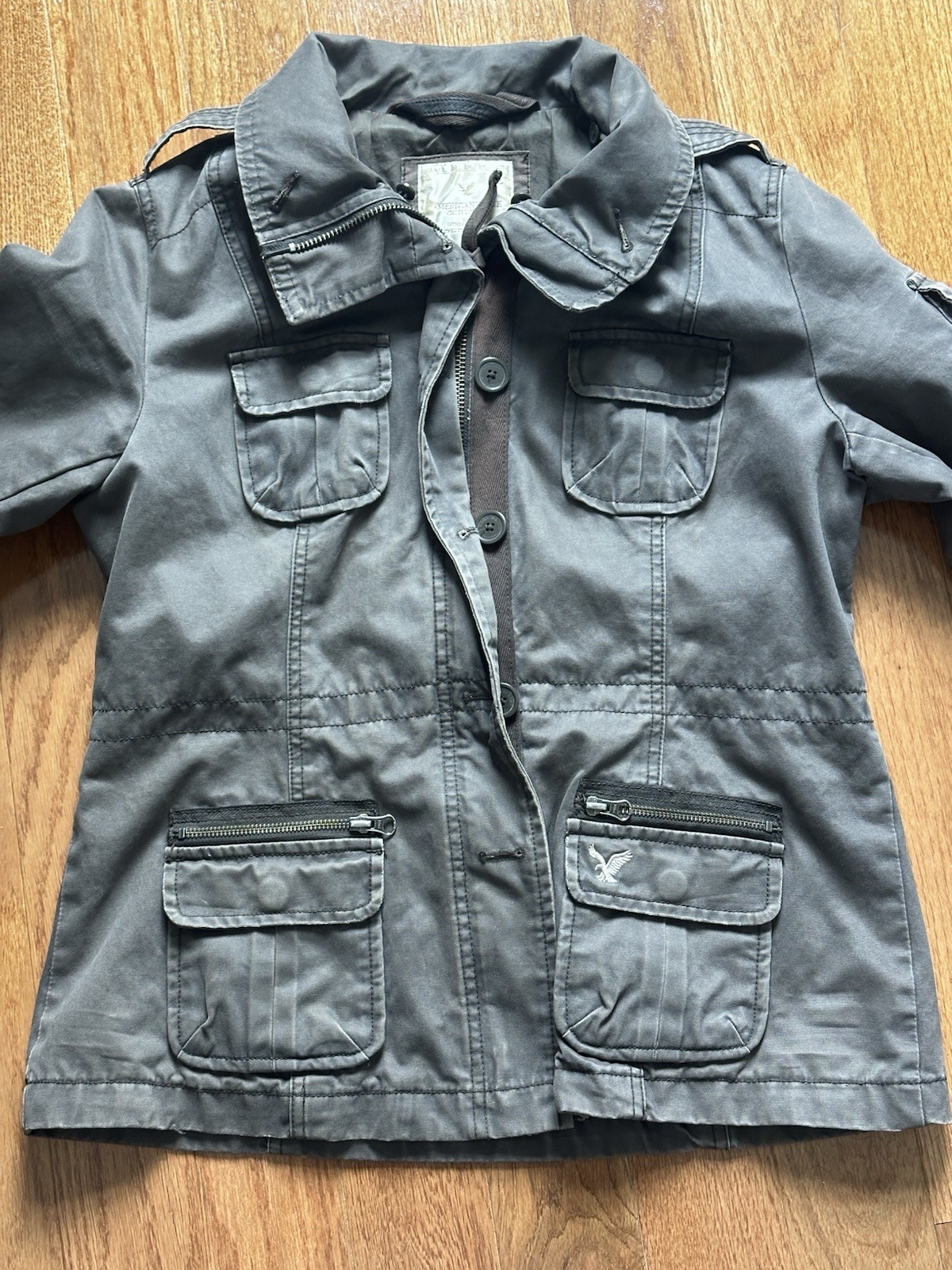 Women’s – American Eagle Gray Field Jacket L Button Zip Pockets Military