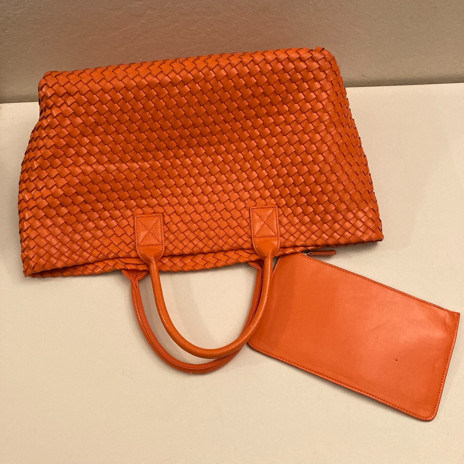Woven Nappa Leather Tote Bag 21″ Intrecciato Shopper Lambskin Orange Large