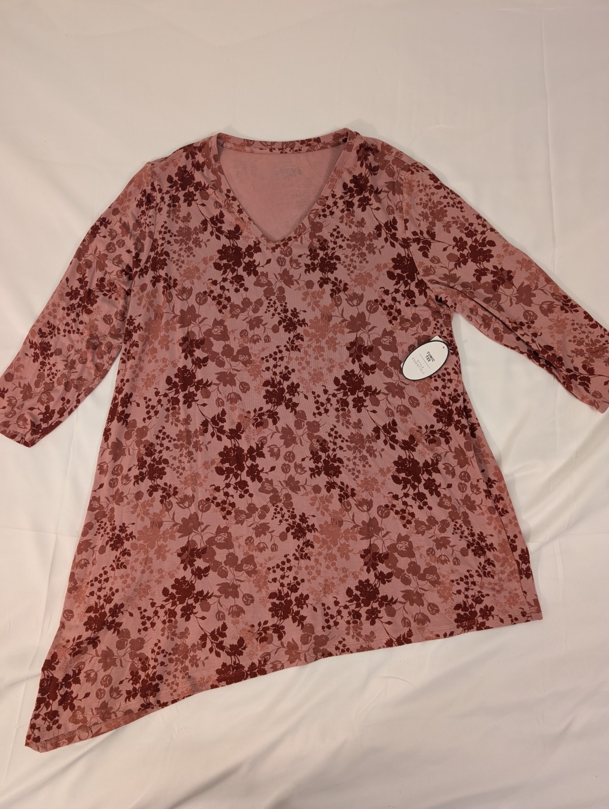 Soma Tunic Tee L Burgundy Pink Floral Asymmetrical 3/4 Sleeve Stretch NWT Soft