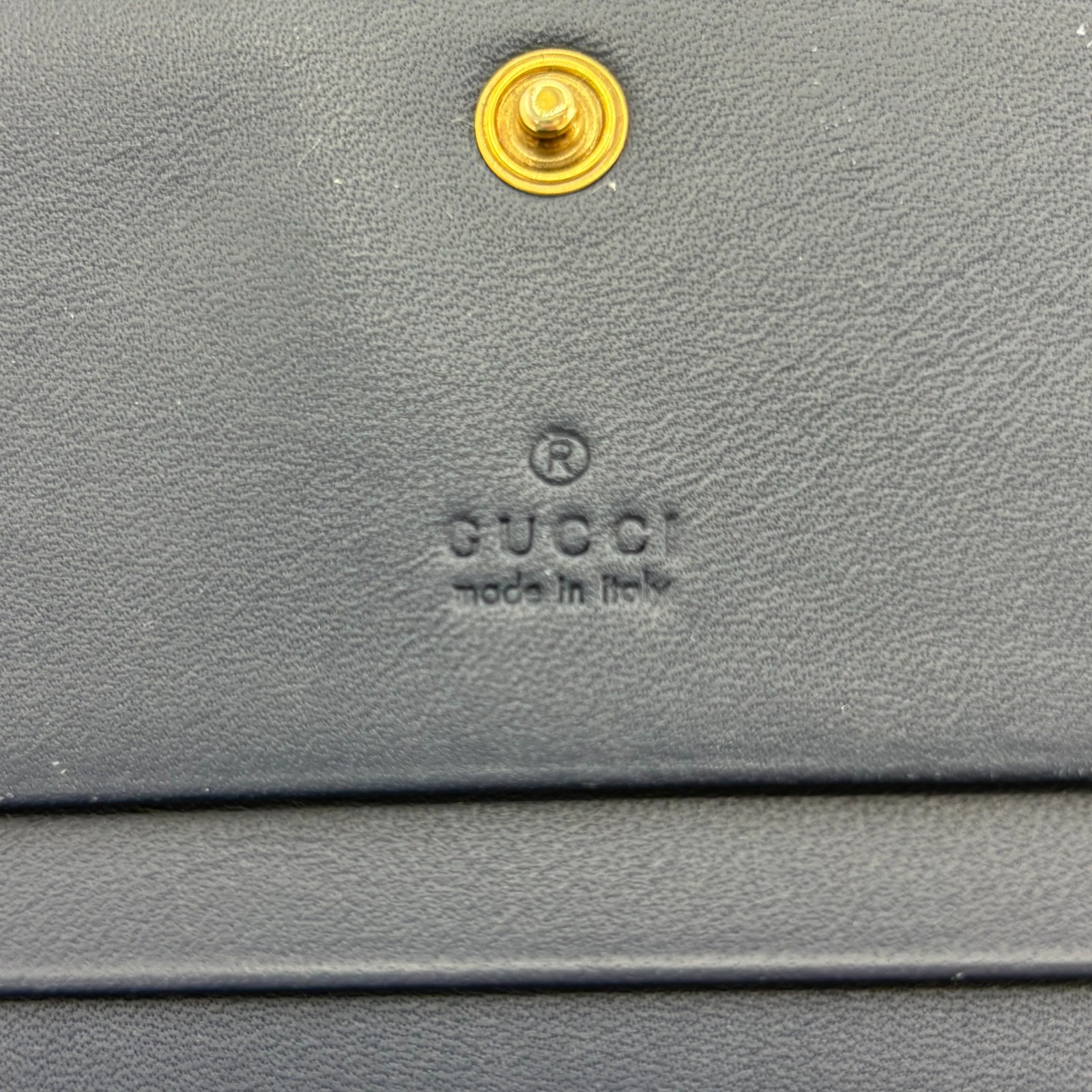 Gucci GG Marmont Wallet Denim Pearl Studs Compact Trifold Blue Leather Auth