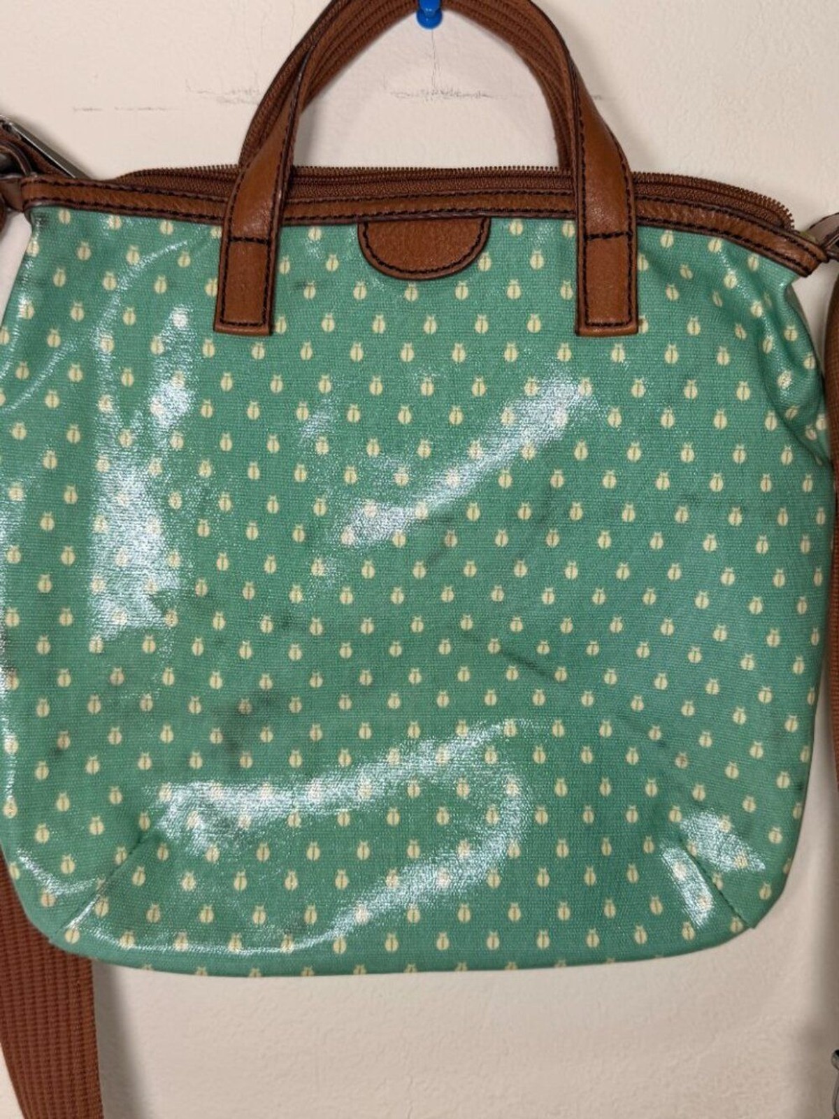 Fossil Key-Per Coated Canvas Crossbody Bag Green Ladybug Beetle Print Vintage