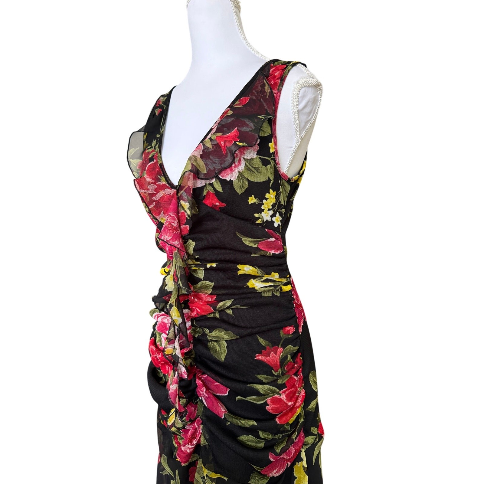 Morgan De Toi Floral Ruched Midi Dress Black Sheer Overlay Ruffle Size T2 S