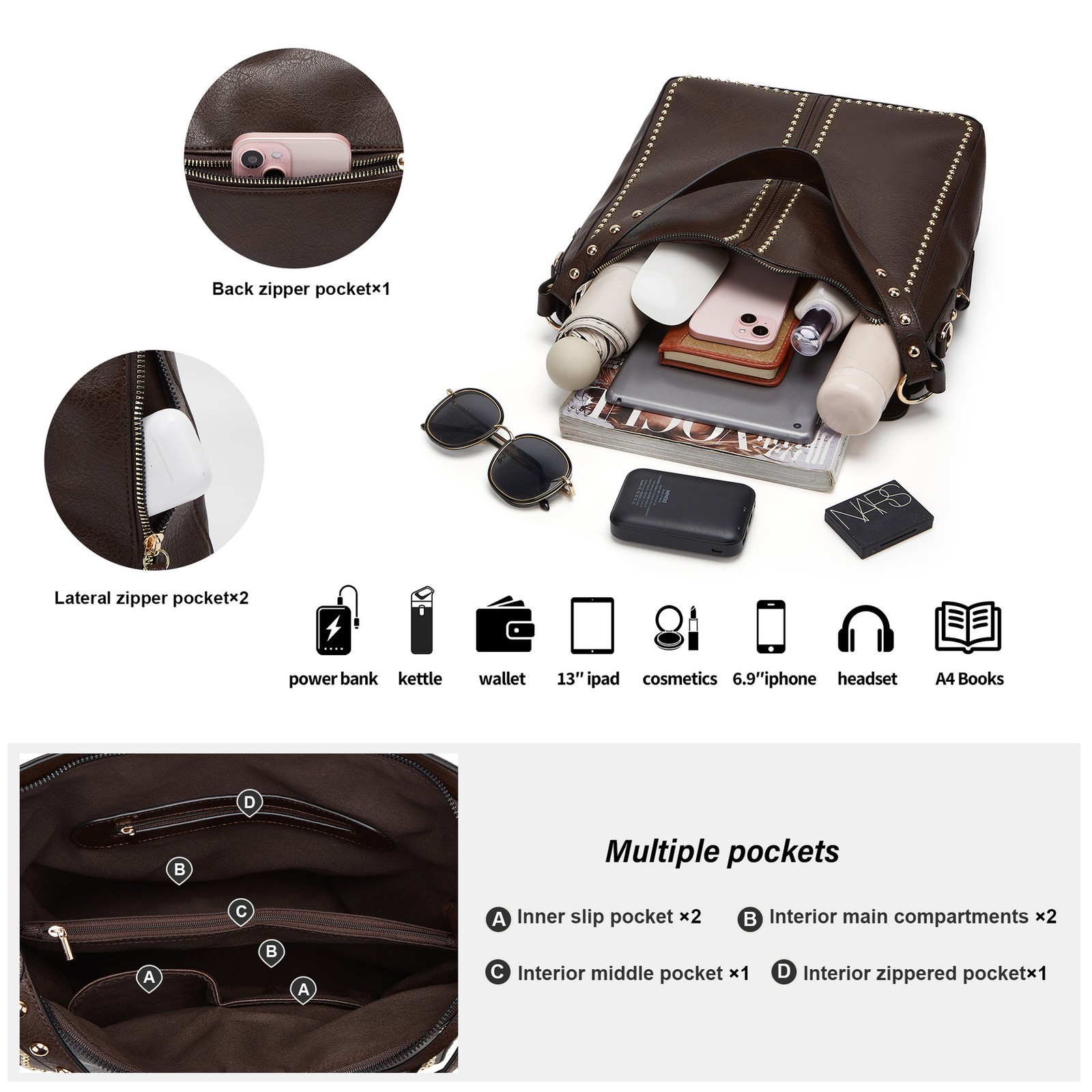 Soft PU Rivet Hobo Shoulder Bag Large Capacity Crossbody Tote Purse With Wallet