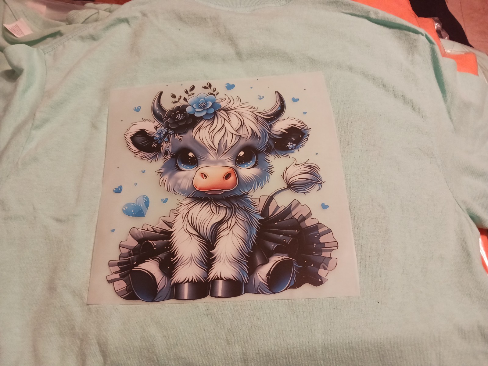 COW CUTE HIGHLAND COW BLUE FLOWERS BOW HEARTS GRAPHIC DESIGN SIZE 2XL