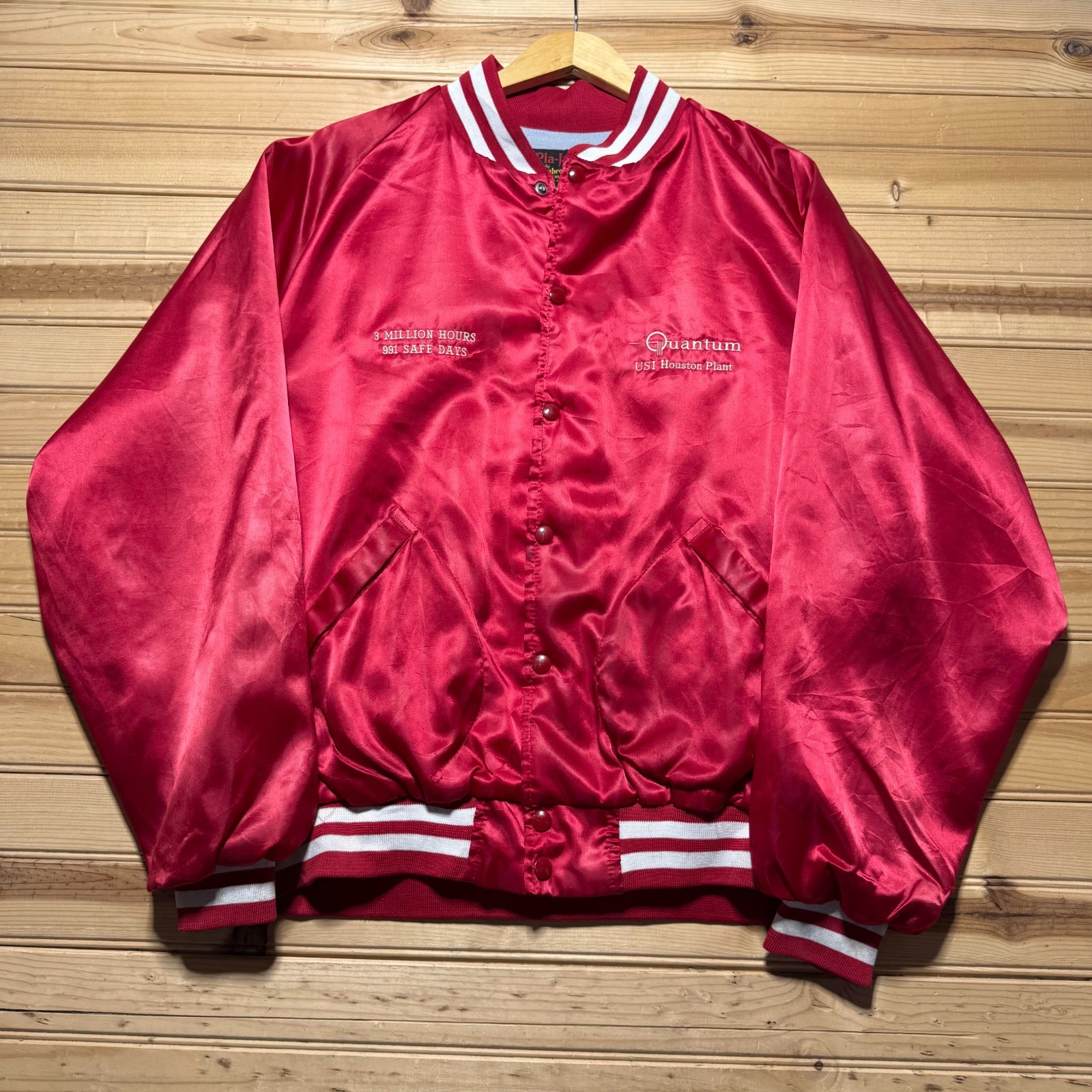 Vintage 80s Quantum USI Houston Plant Embroidered Satin Bomber Jacket USA – XXL