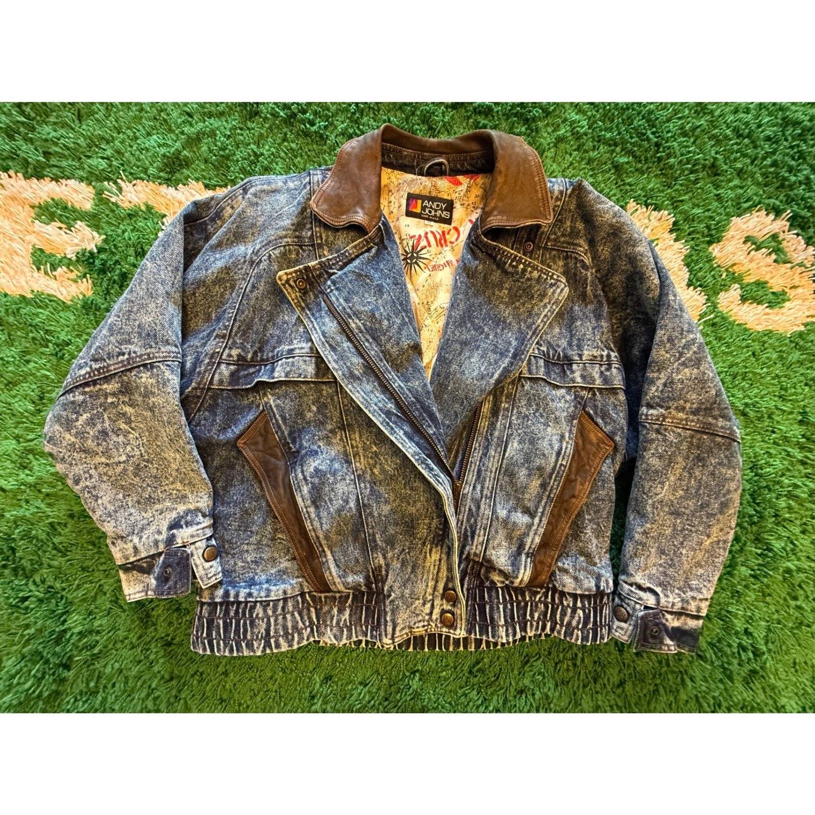 Andy Johns Denim Bomber Jacket Mens M Blue Excellent Acid Wash Leather Trim 80s