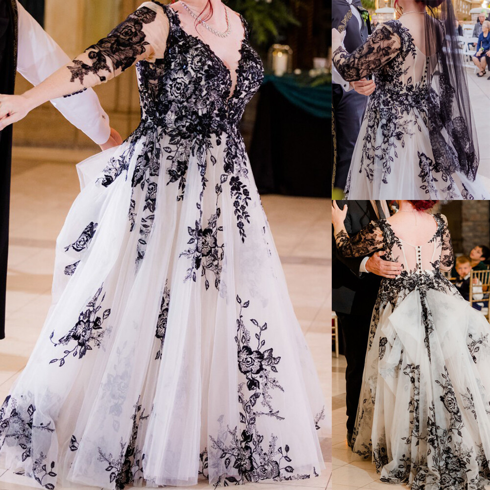 Plus Size Wedding Dresses Gothic Black White With Long Sleeve V Neck Bridal Gown