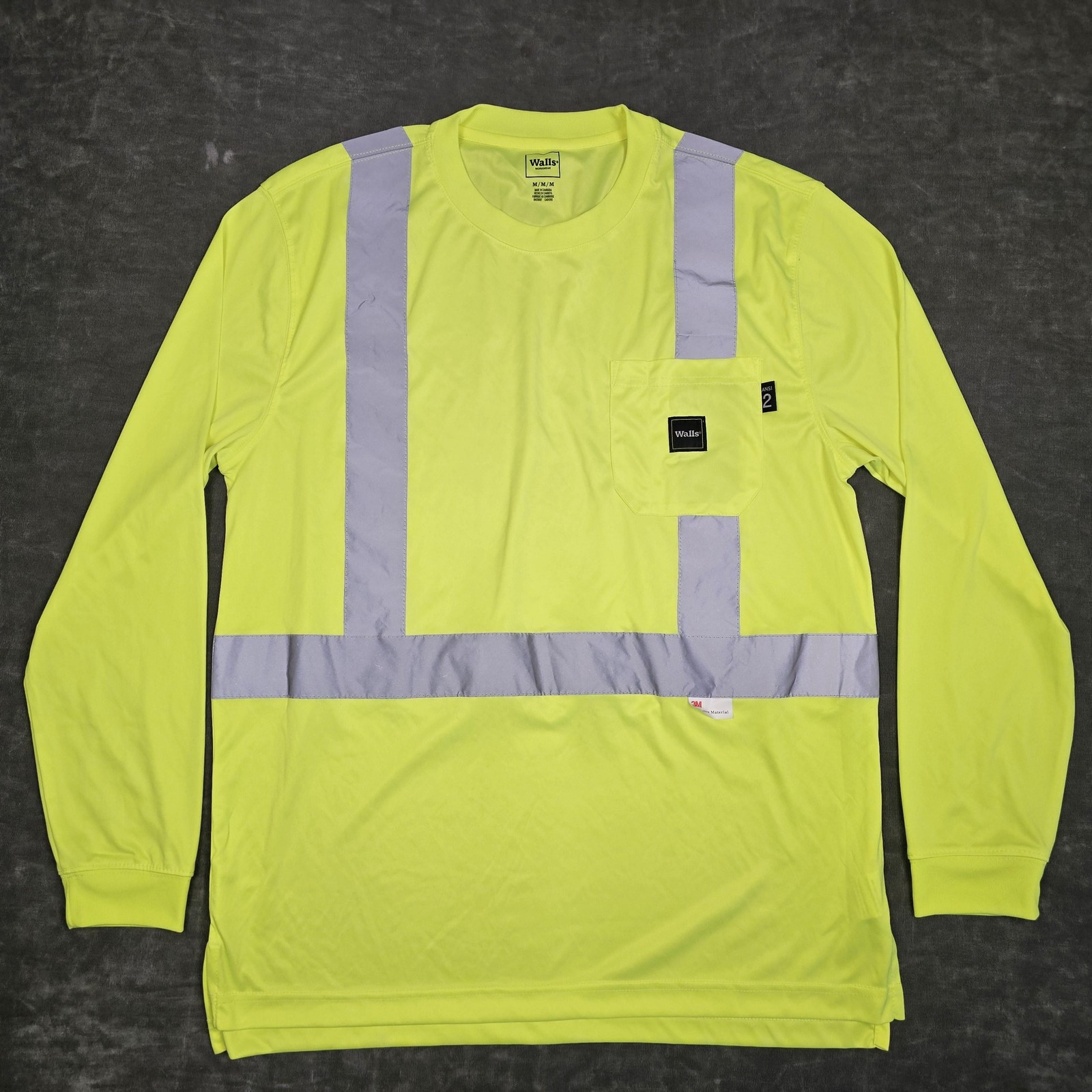 Walls Hi Vis Shirt Mens Medium Yellow Long Sleeve 3M Scotchlite ANSI Class 2