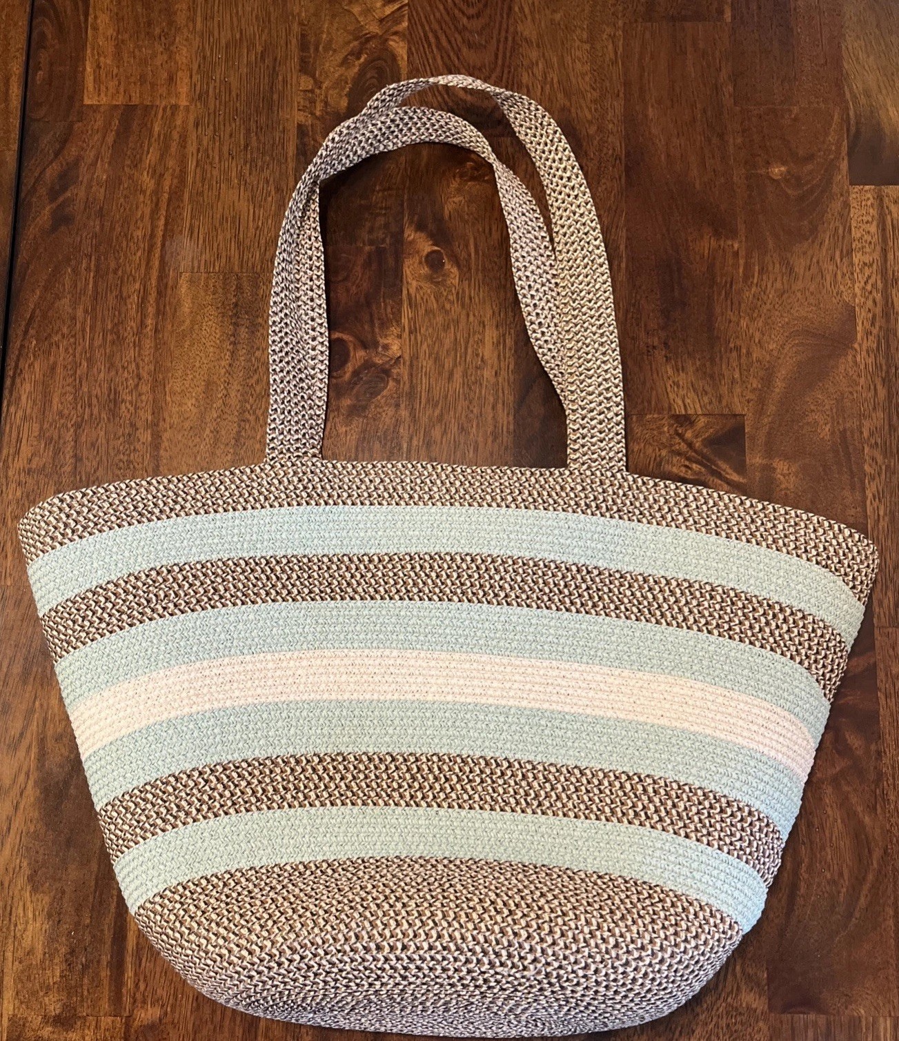 Woven Beach Shoulder Bag Tan, Turquoise, and White Striped