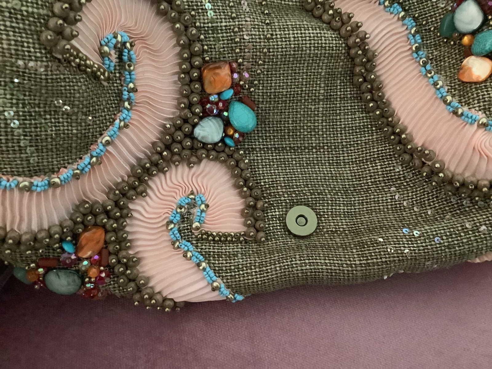 Mary Frances handbag. Unique with stones, beads and large buckle snap closure.