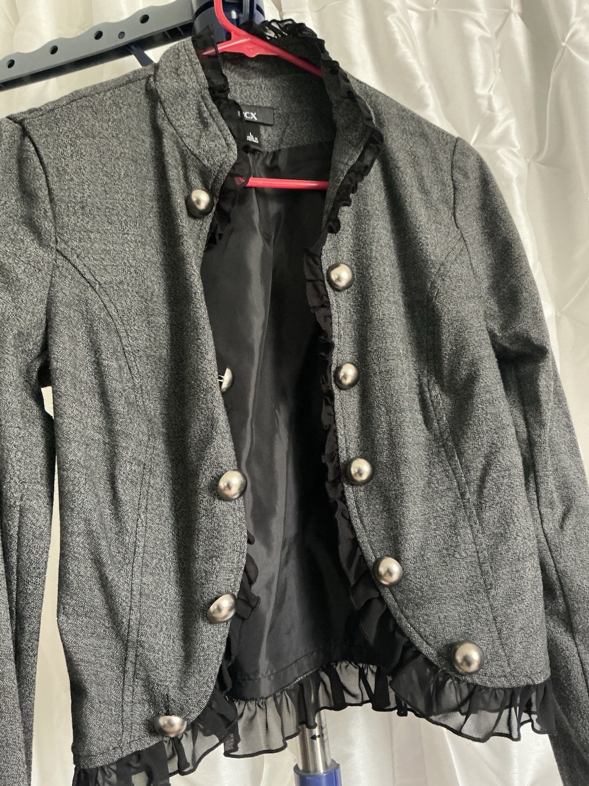 BCX Women’s L Dark Grey Fitted Blazer Black Ruffled Trim Silver Military Buttons