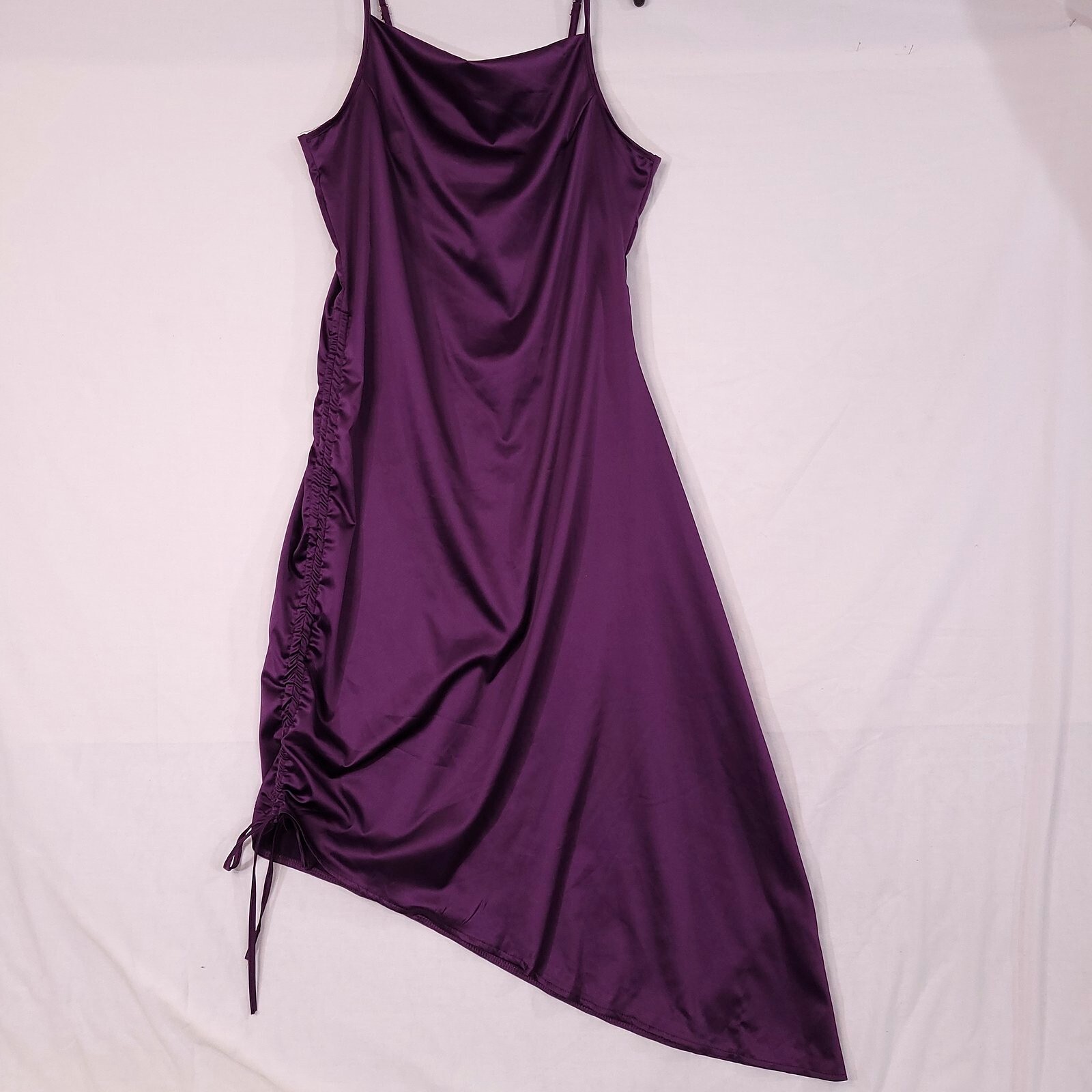 Women Purple Spaghetti Strap Drawstring Ruched Split Hem Party Dress Size XL