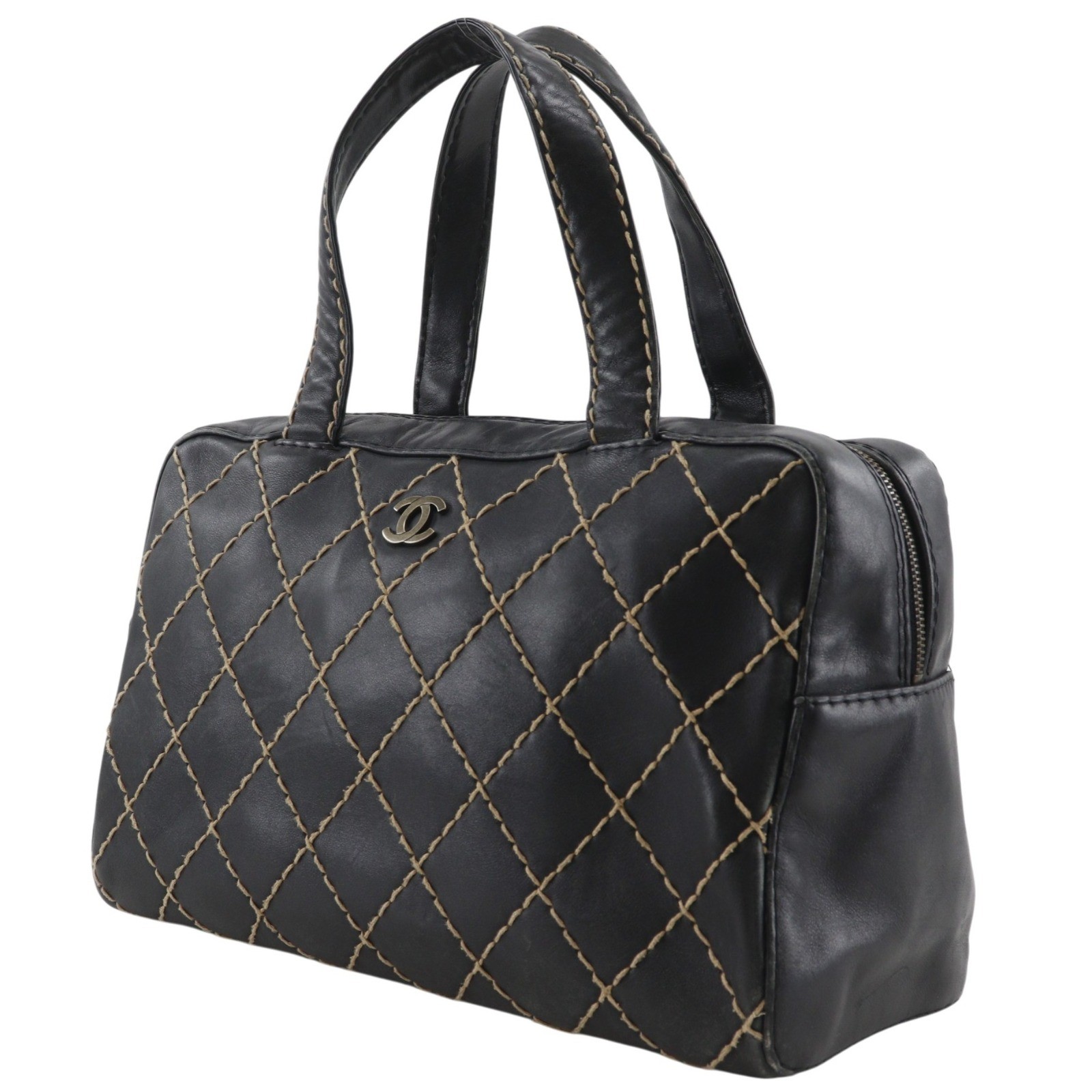 CHANEL Wild stitch Handbag COCO Mark black Calfskin Women
