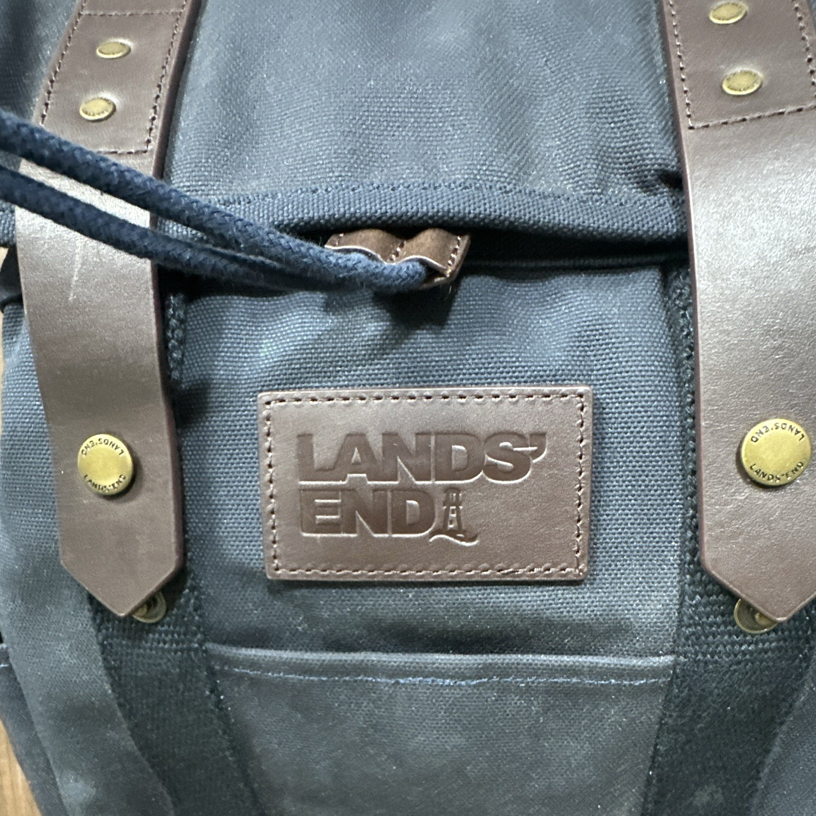 Lands’ End Canvas Backpack Blue Brown Drawstring Flap School Travel Bag