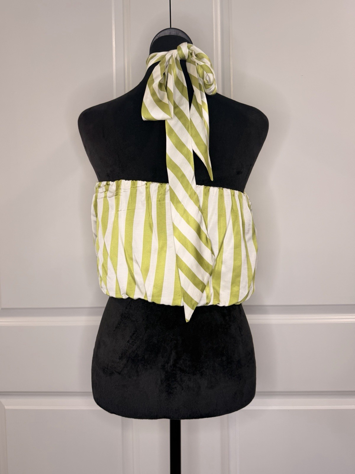Maeve Green/White Striped Satin Viscose Halter Backless Tie-Back Top XS