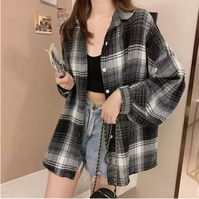Womens Oversized Plaid Flannel Shirt Long Sleeve Button Down Check Blouse Top
