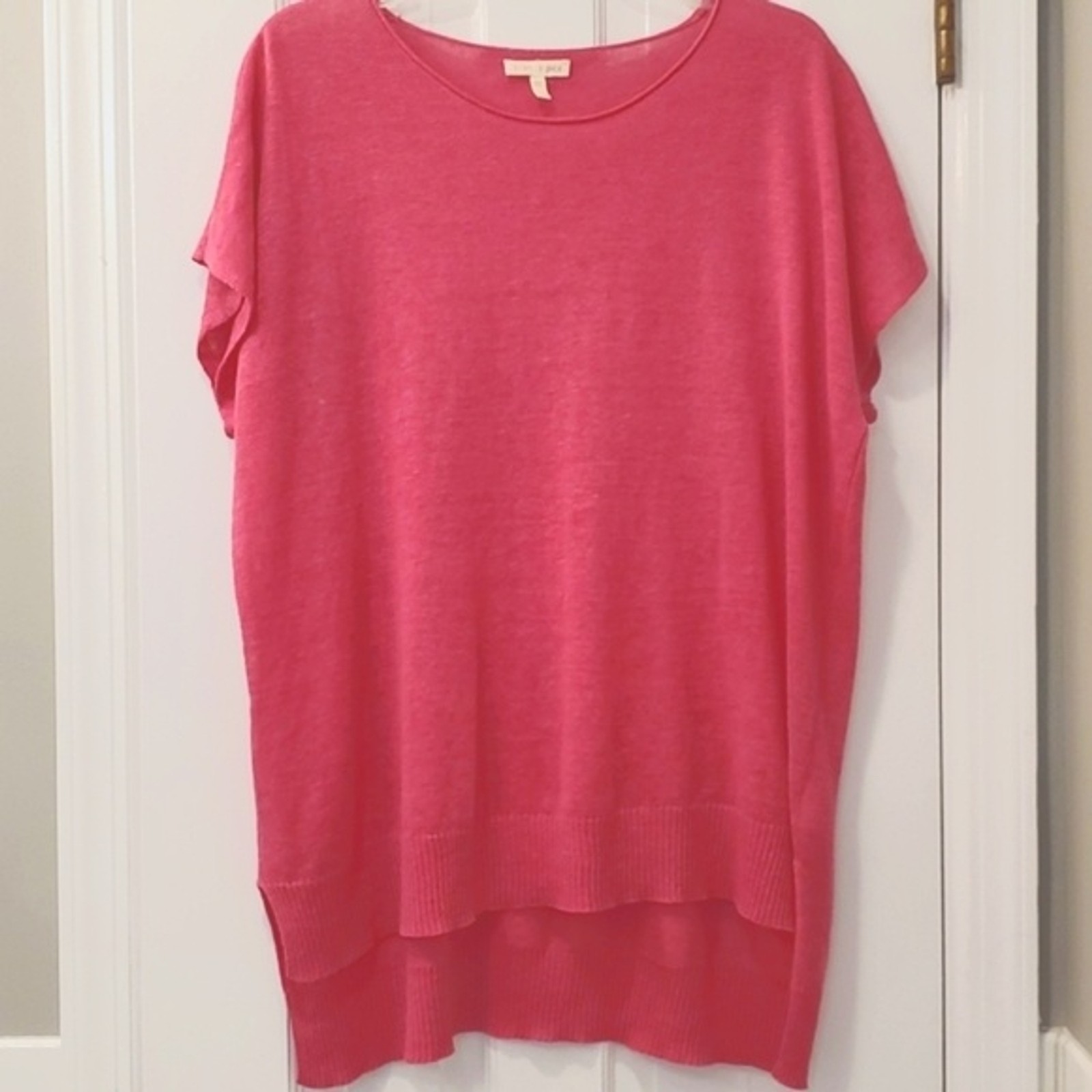 EILEEN FISHER 100% LINEN BRIGHT PINK SHORT SLEEVE SWEATER SIZE SMALL MINIMALIST