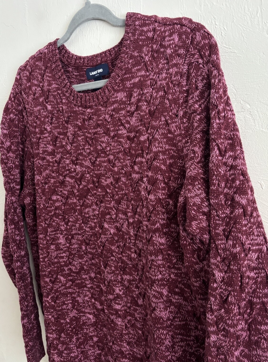 Lands’ End “Drifter” Burgundy/Pink Long Sleeve Cotton Cable Knit Sweater Size XL