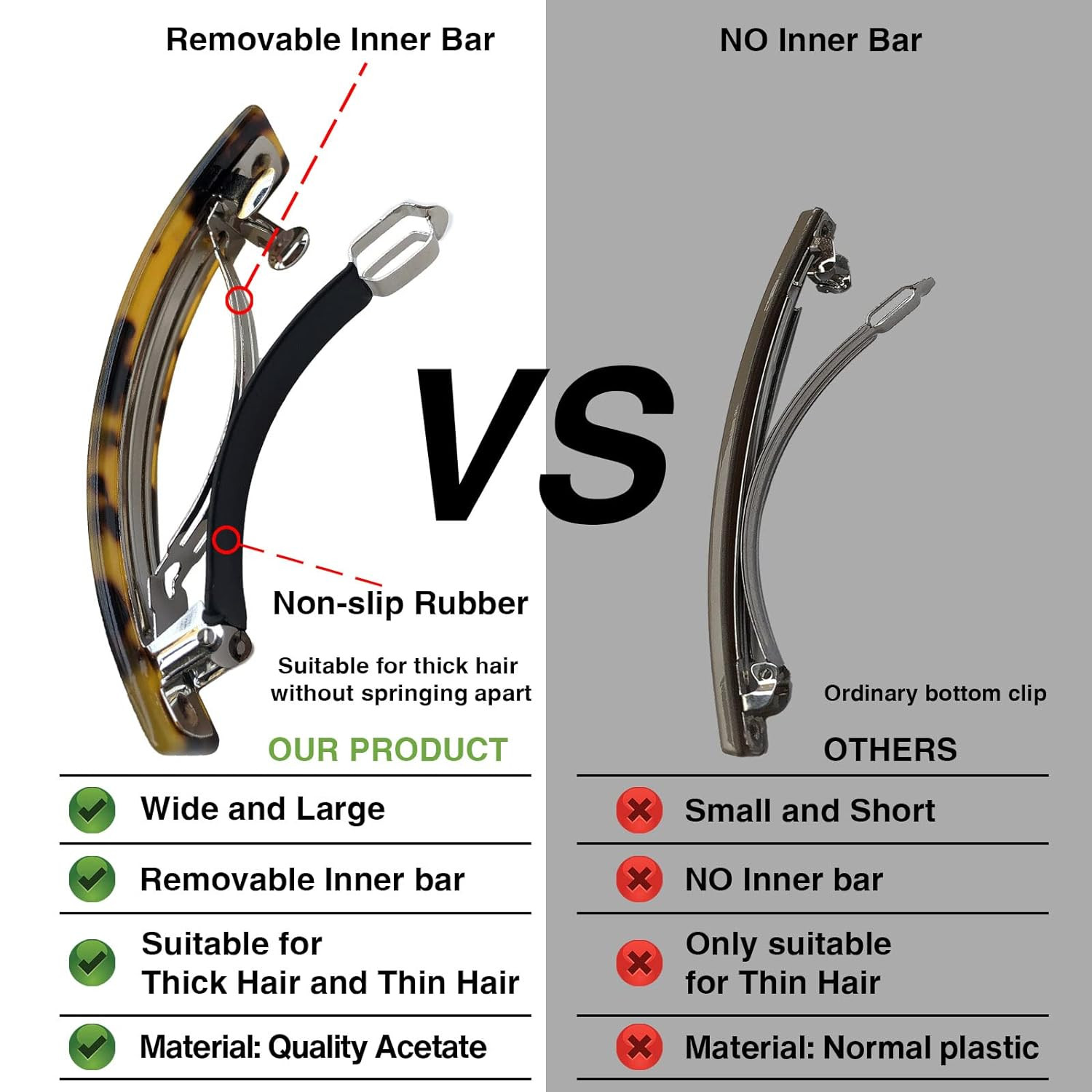 HYFEEL Large French Barrettes for Women Fine Thick Hair, Classic Tortoise Shell
