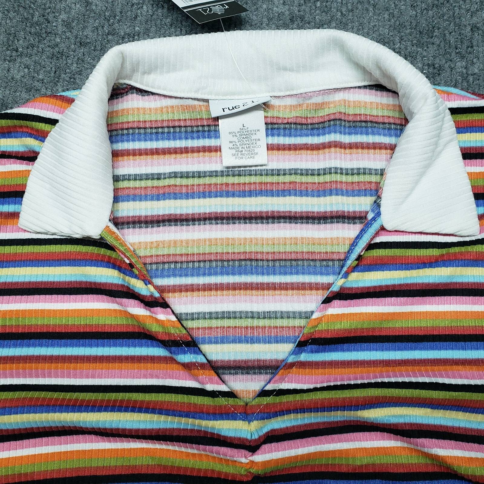Rue21 Crop Top Womens L Multicolor Striped Short Sleeve V-Neck Ruched Tie New