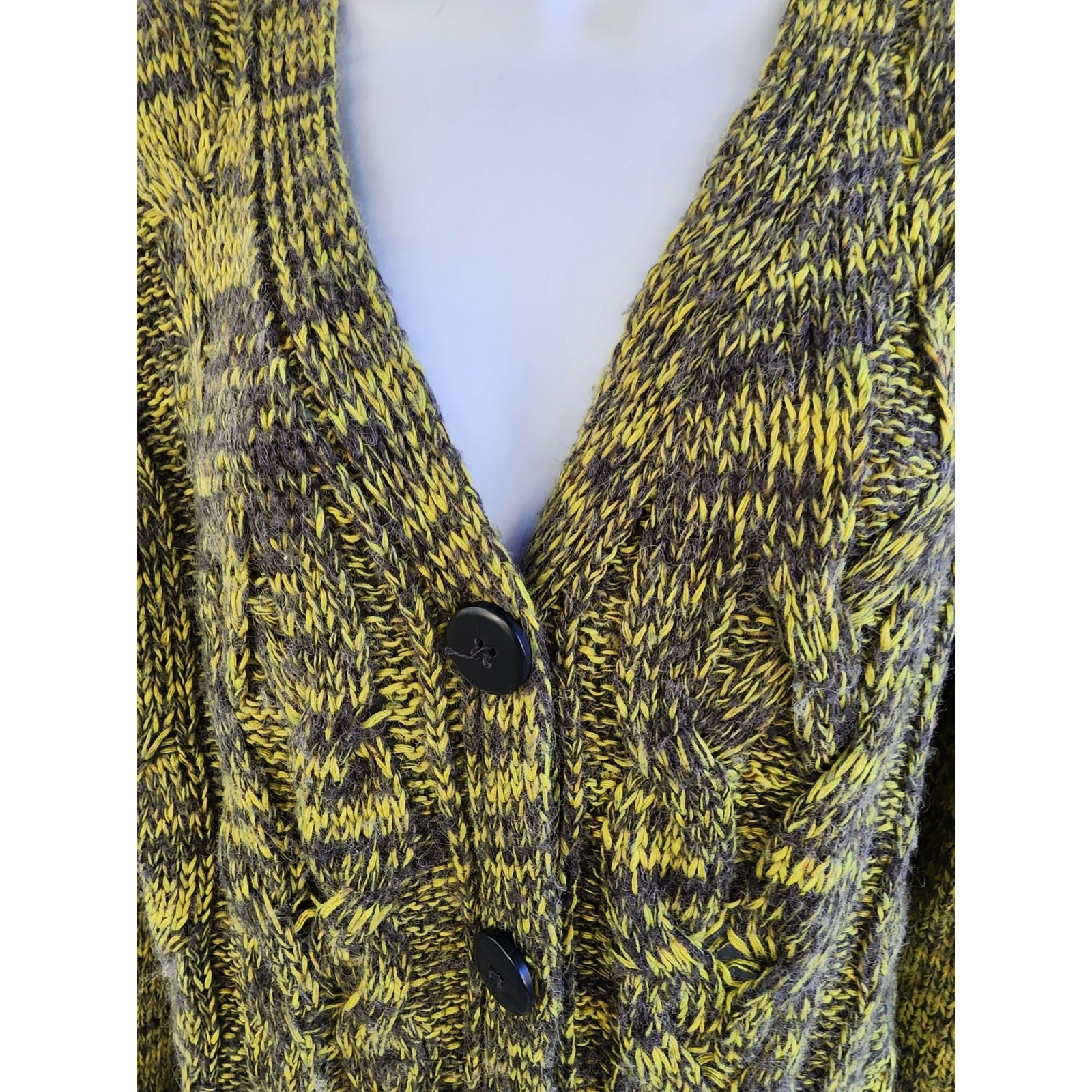 Carole Little Chunky Cable Knit Cardigan Sweater L Marled Olive Green Wool Blend