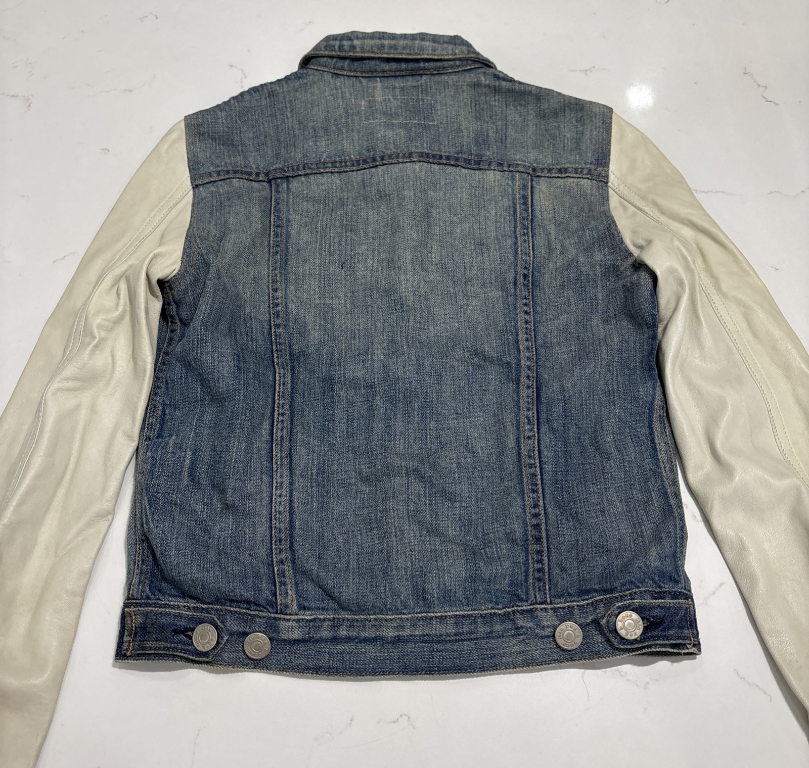RAG & BONE Women’s Light Blue Denim Jacket With Cream Leather Sleeves Size XS