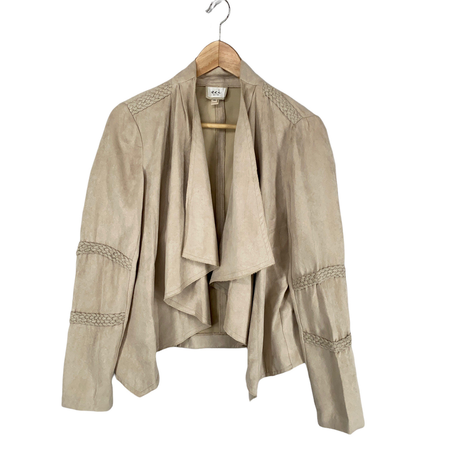 ECI Jacket L/XL Beige Faux Suede Draped Braid Detail Open Front Lightweight Boho