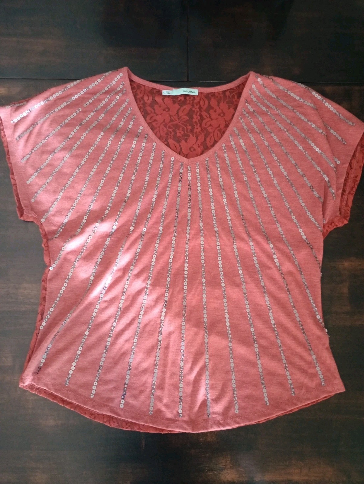 Maurices Women’s Pink Floral Lace Sequin Scoop Neck Cap Sleeve Top Size L EUC