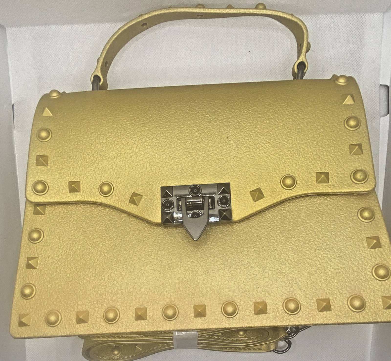 Gold Studded Satchel Top Handle Bag w/ Detachable Adjustable Crossbody Strap