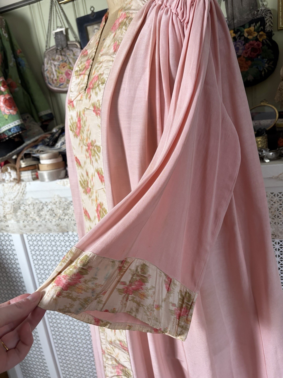 Antique Edwardian Dressing Gown Robe, Shirred Shoulders, Watered Roses Trim