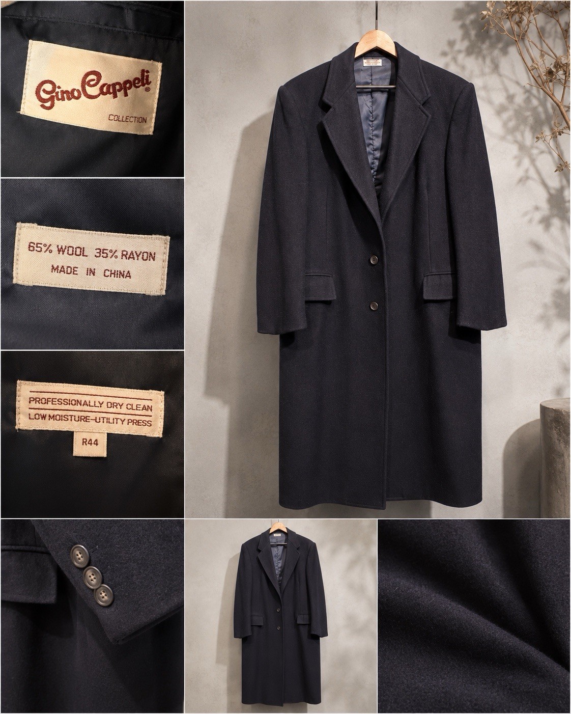 Gino Cappeli Men’s Navy Wool Blend Long Overcoat Lined Notch Collar Button 44