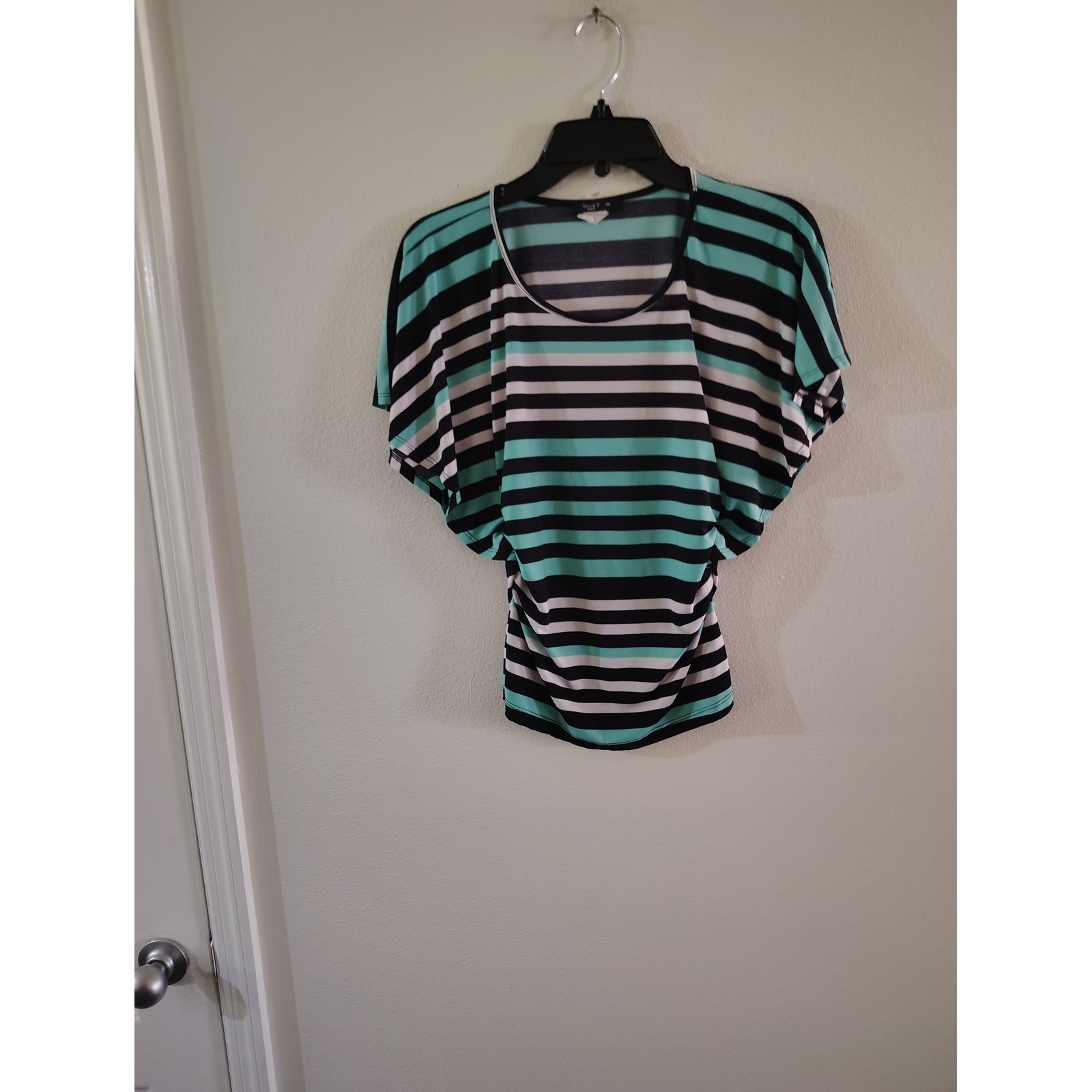 Love J USA Womens Dolman Sleeve Ruched Waist Striped Top Mint Black White Size M