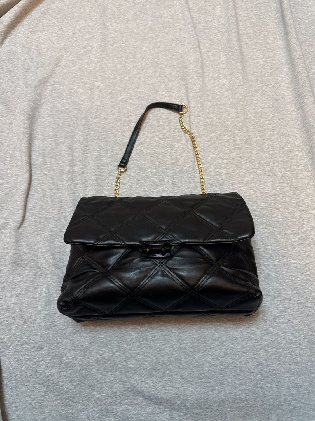 Betsey Johnson XO Phoebe Black Quilted Nylon Shoulder Bag with Gold Chain Strap