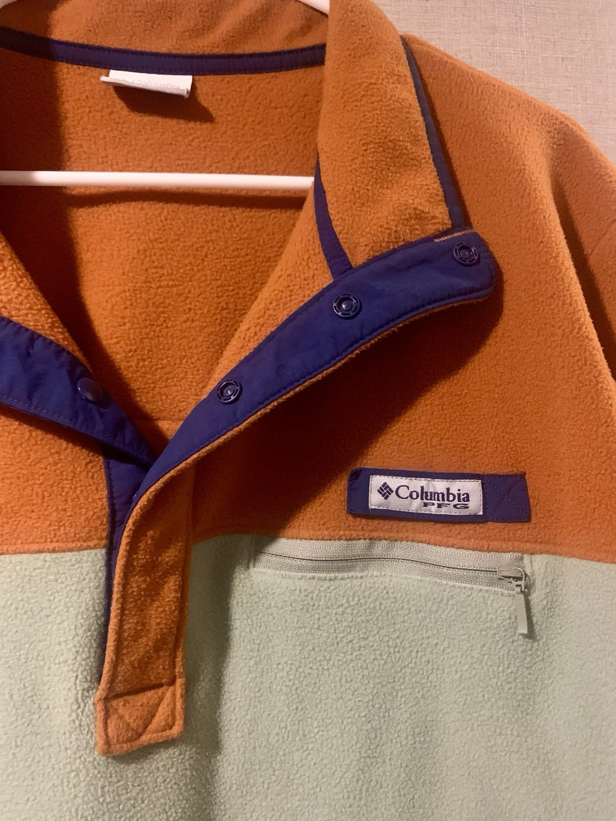 Columbia Colorblock Two-Tone Green & Orange Snap-Front Fleece Pullover large