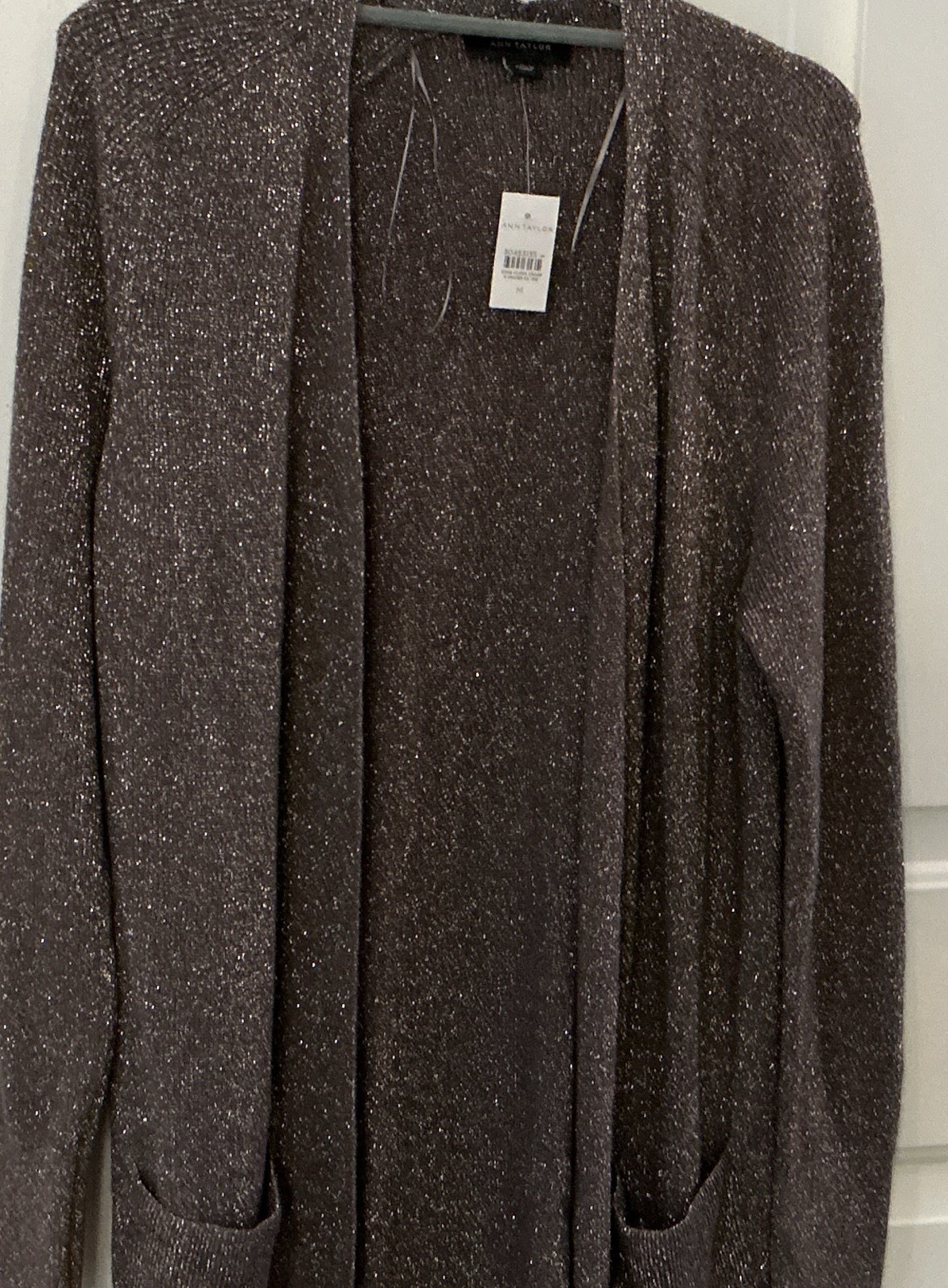 Ann Taylor Metallic Knit Open Front Cardigan Sweater w/ Pockets Gray M