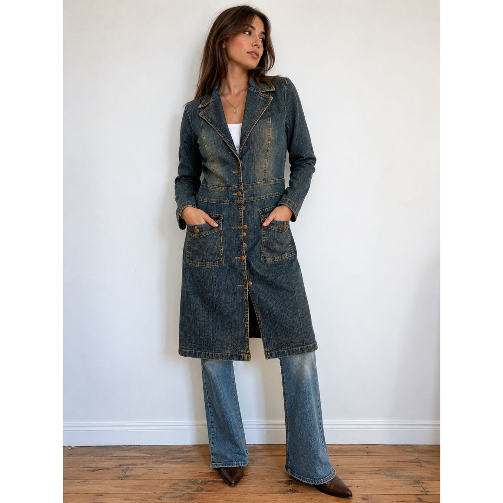 Angie Jeans Demin Duster/Coat Vintage Y2K Boho Denim Dress Jacket Small USA