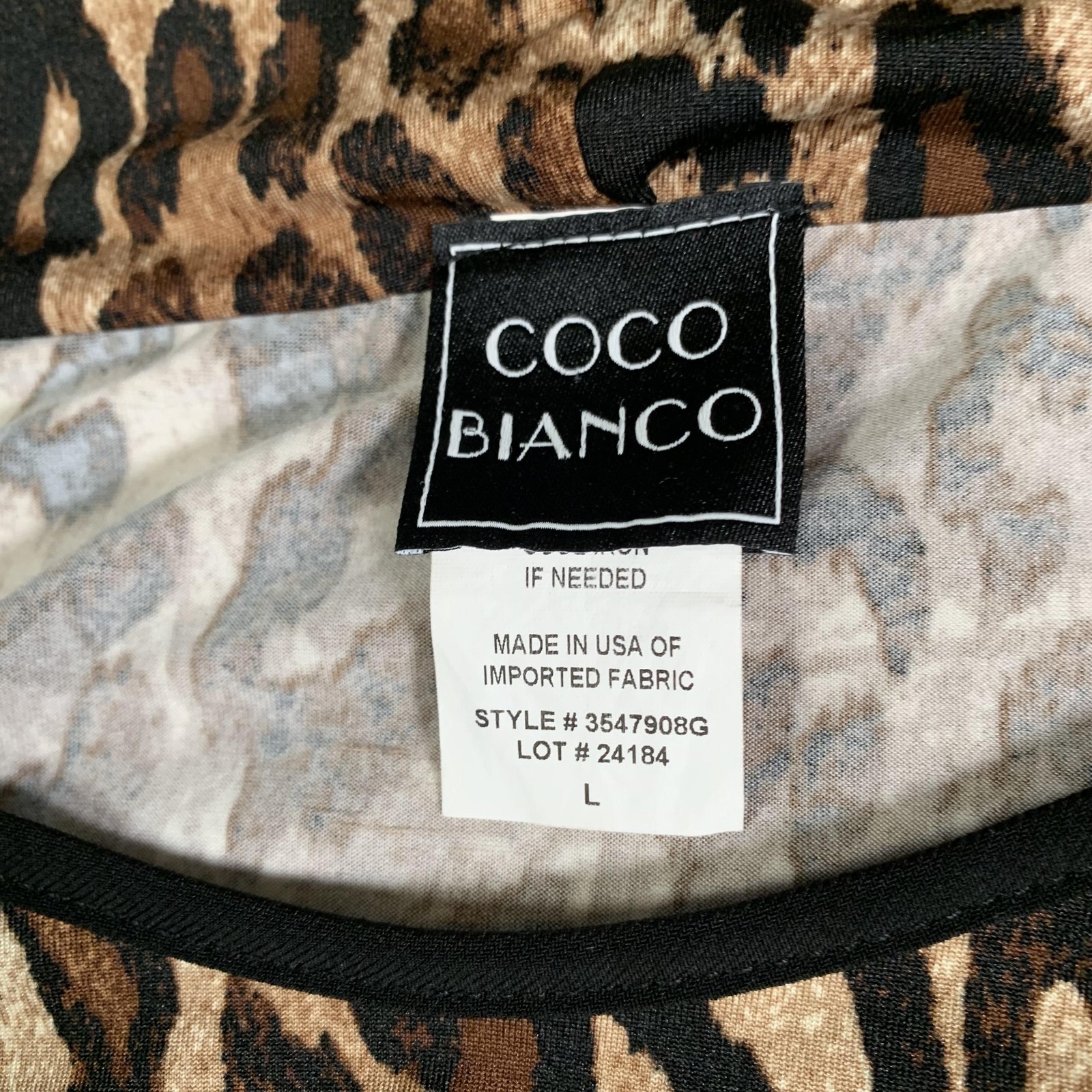 Coco Bianco Tunic Womens Large Leopard Cowl Neck 3/4 Sleeve Hanky Hem Made USA