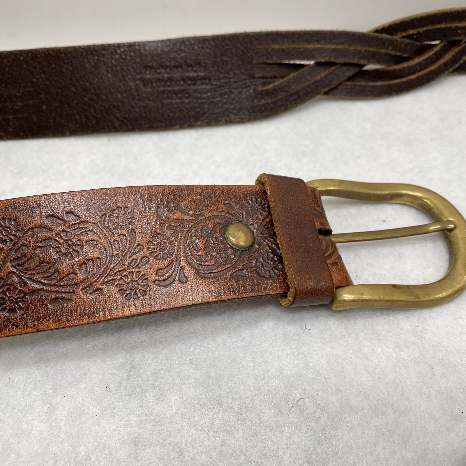 Leather Western Belt Braiding Tooling Detail ~ Brass Buckle Flowers ~40 Inches