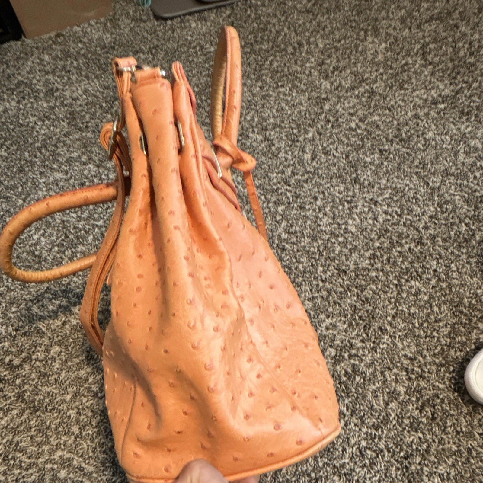 Ostrich Embossed Tan Large Satchel Top Handle, Detachable Strap, Zip/Lock