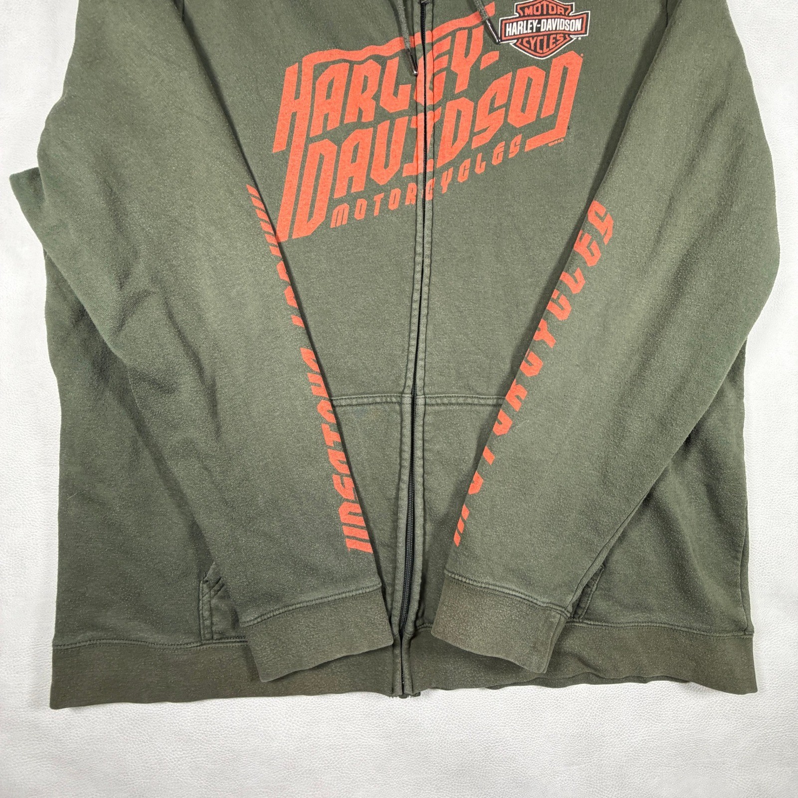 Harley-Davidson Mens Zip Up Hoodie Olive Green Orange Graphic Biker Large XL