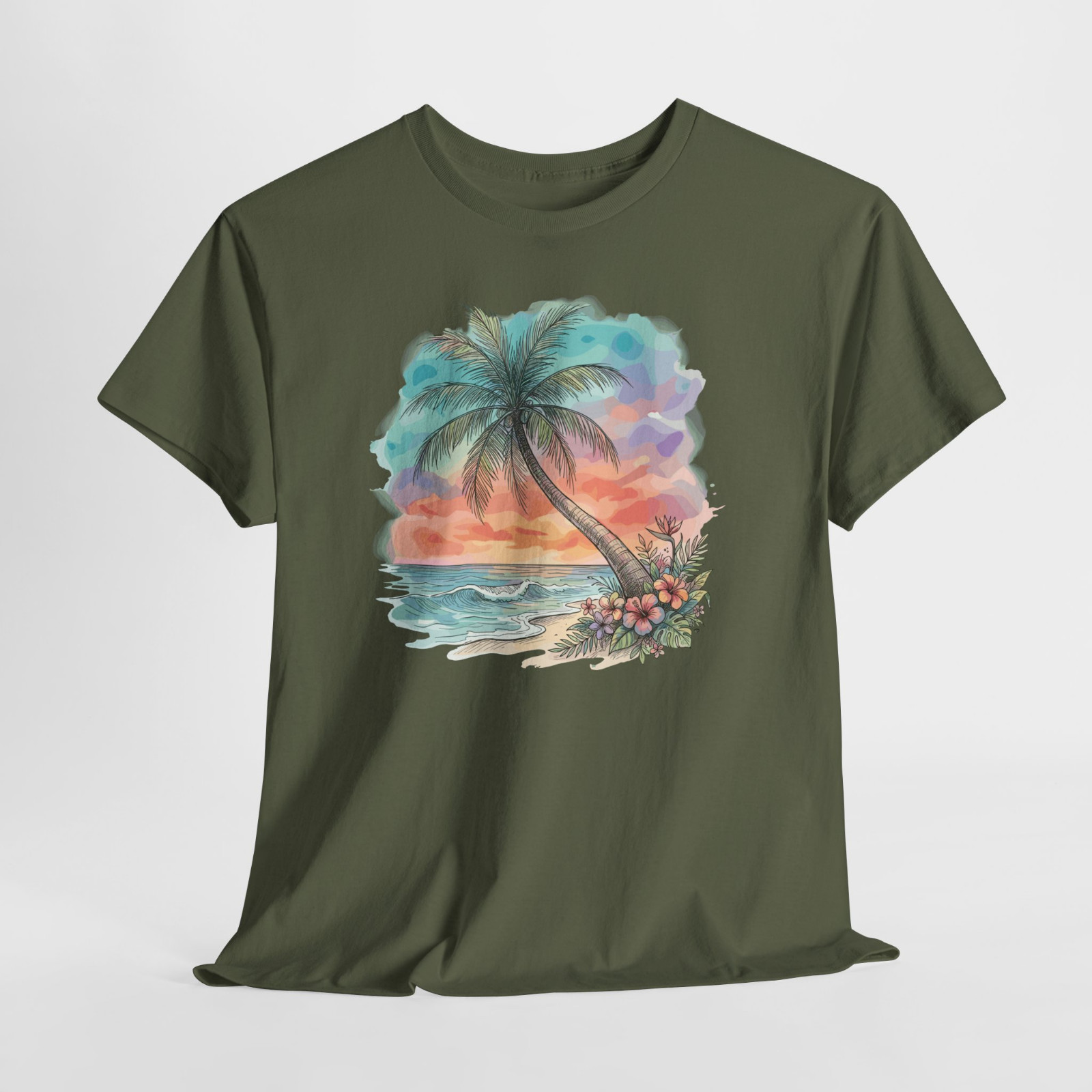 Sunset Beach Palm Tree Ocean Gift Graphic T Shirt Tee Top S-XL, Plus 2X 3X 4X 5X