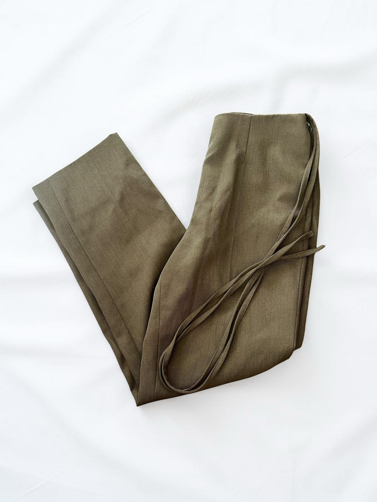 MM6 Maison Margiela Wool Blend Cropped Olive Trousers Sz IT 38 US 2 Tie Details