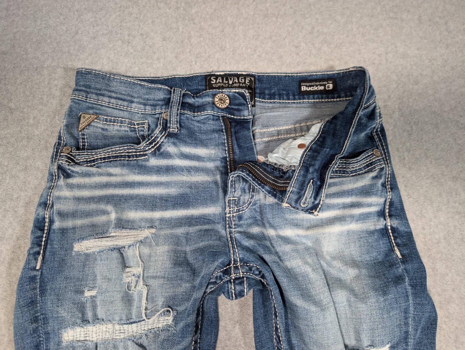 Salvage Supply Company Jeans 32Rx31 Blue Havoc Straight Slim Fit Distressed BKE