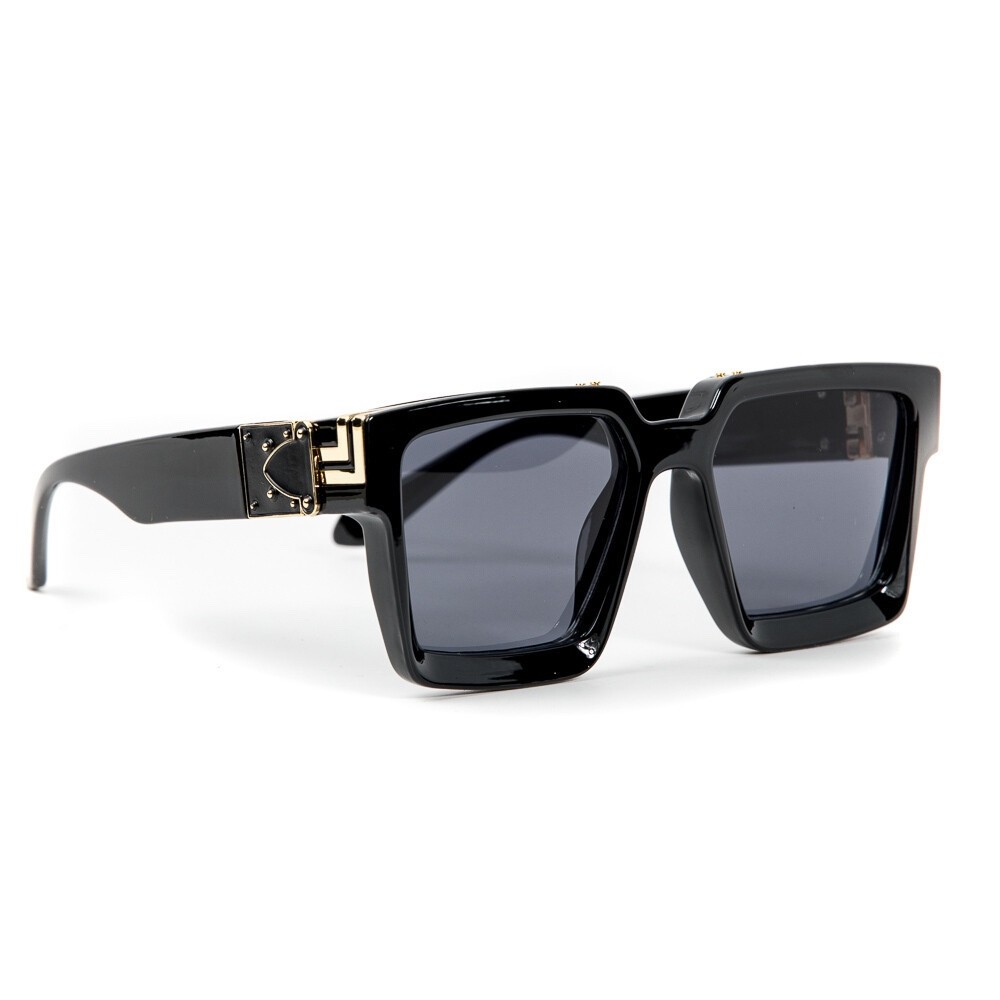 Classic Black Thick Square Frame Gold Trim Chunky Black Tinted Lens Sunglasses