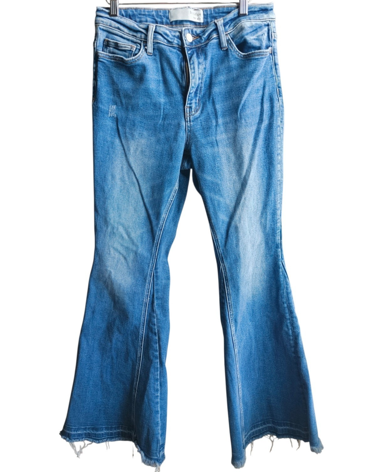 Bridge by GLY High Rise Super Flare Blue Medium Wash Stretch Distressed Jeans