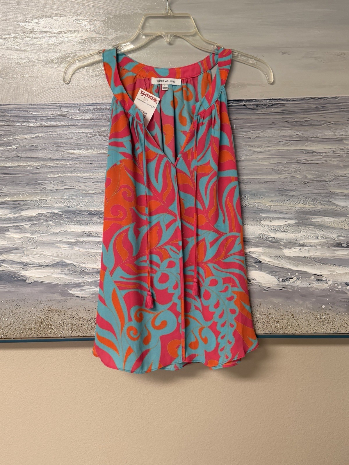 Rose & Olive Womens Size Large Pink Orange & Turquoise Printed Sleeveless Blouse